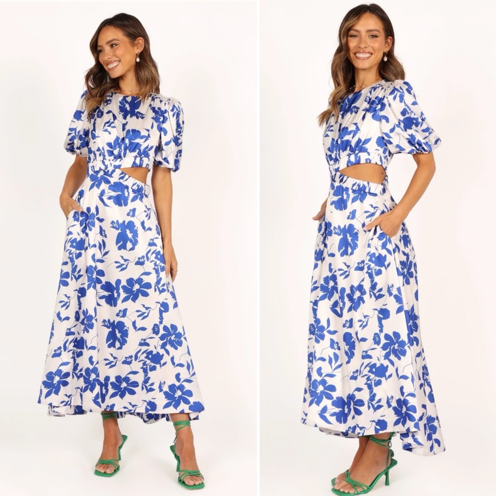 Petal & Pup Aminah Puff Sleeve Dress Blue White Floral Side Cut Out Midi Large - Picture 3 of 10